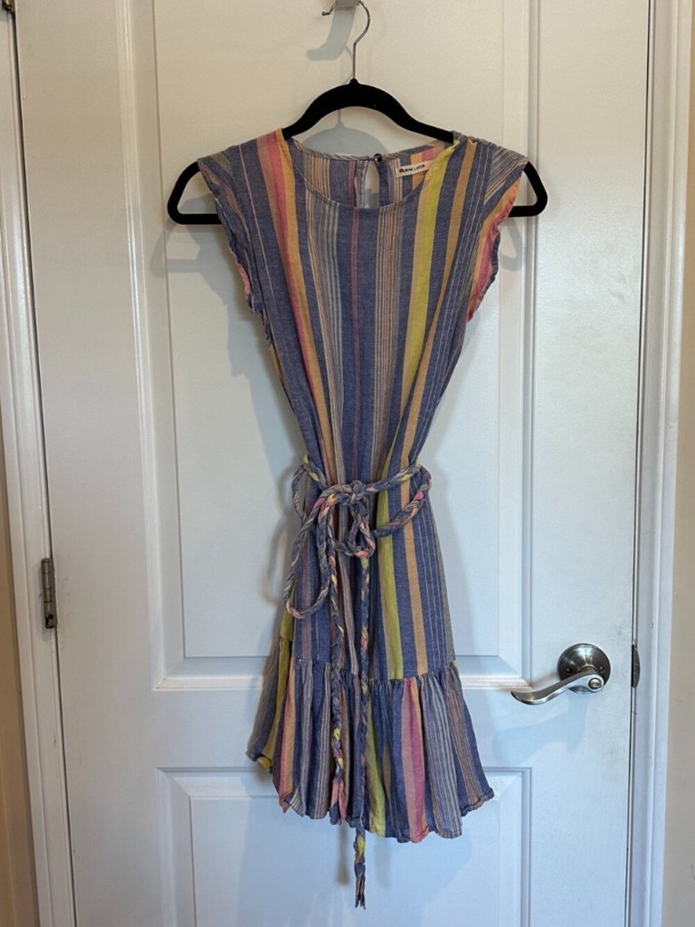 MARINE LAYER Linen Blend Laney Mini Dress in Blue Variegated Stripe